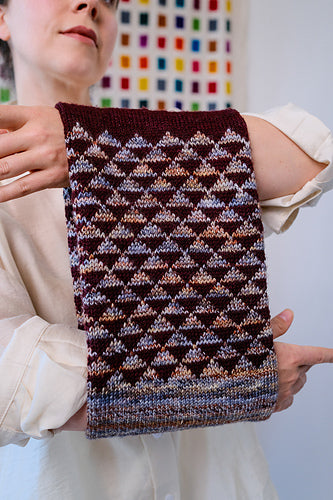 Person holding a patterned knitted scarf with a colorful background