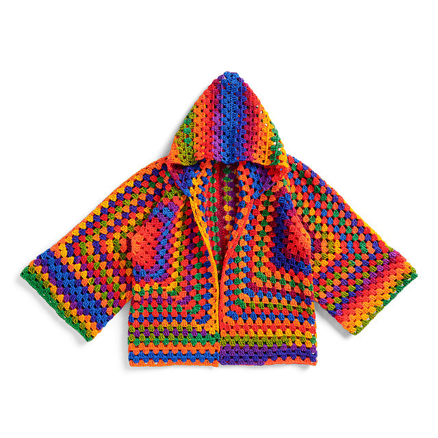 Colorful crocheted hoodie on a white background